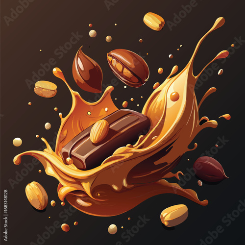Delicious chocolate bar splashing into caramel with peanuts and cocoa beans