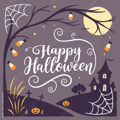Festive Happy Halloween calligraphy greeting with a spooky haunted house illustration on a purple night background