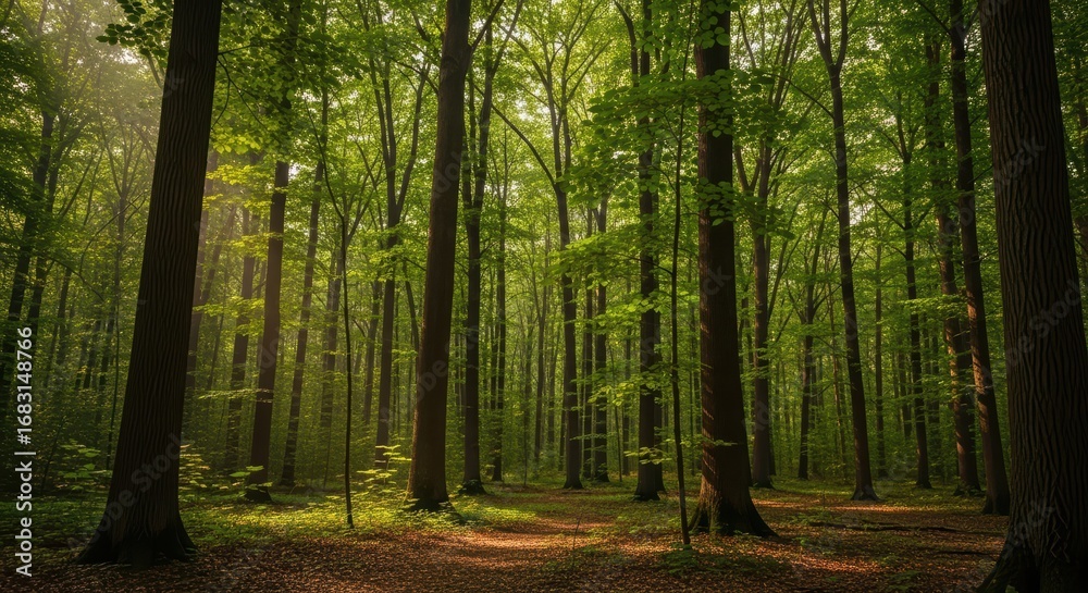 Obraz premium Serene sunlit forest with tall green trees and dappled light