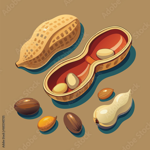 Whole and opened peanut shells with peanuts scattered on a brown background