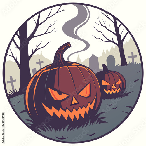 Spooky Halloween night scene featuring menacing jack-o'-lanterns with glowing faces set against a dark, eerie graveyard backdrop, perfect for seasonal designs and festive fright