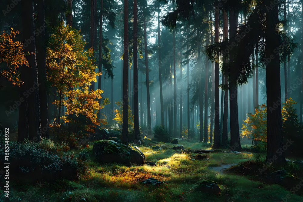 Fototapeta premium Serene Sunlit Forest with Autumn Foliage and Tall Pines for Nature Scenery Print