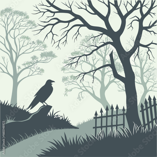Eerie Silhouette Raven Perched Near Cemetery Fence in Autumn