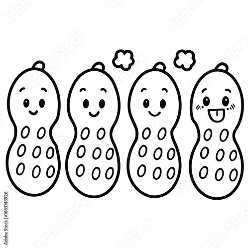 Four cute cartoon peanuts with happy faces and smiling expressions