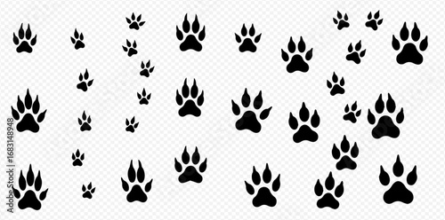 A collection of various sized black animal paw prints scattered across a transparent background.