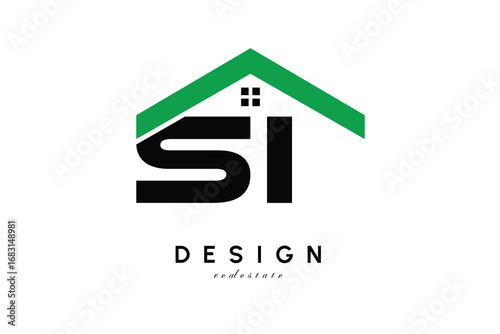 SI Letter Logo – Green Roof House Monogram for Real Estate & Home Branding
