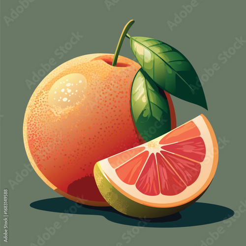Vibrant pink grapefruit with a slice and green leaves on a muted background