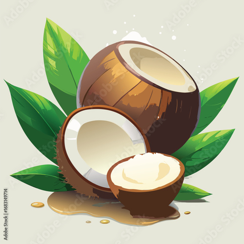 Fresh coconut halves with green leaves and water droplets