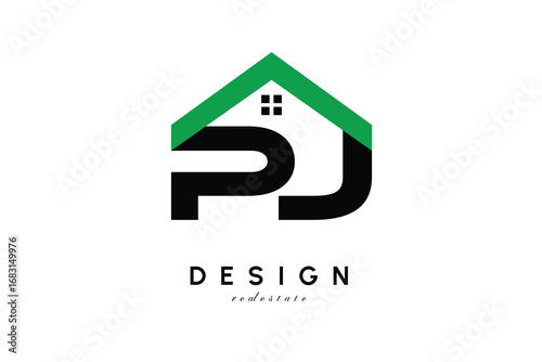 PJ Letter Logo – Green Roof House Monogram for Real Estate & Home Branding