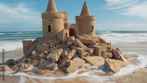 A sandcastle collapsing as waves hit.