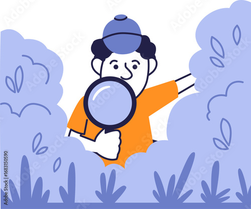 Curious Man Exploring with Magnifying Glass in Bushes