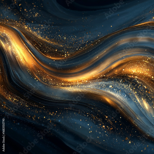 Long, curvy line of gold and blue sparkles. The gold and blue colors are contrasting and the sparkles add a sense of movement and energy to the image. Scene is dynamic and lively