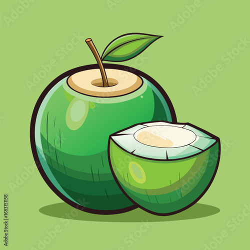 Fresh green coconut with a half cut open showing the white flesh