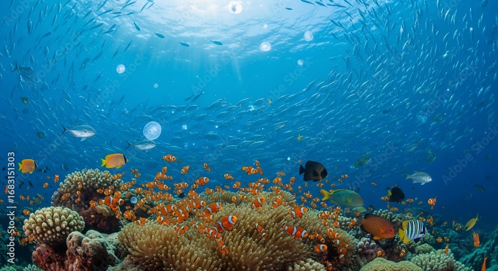 Naklejka premium Vibrant coral reef teeming with diverse fish species, sunlight filtering through the crystal-clear ocean water.