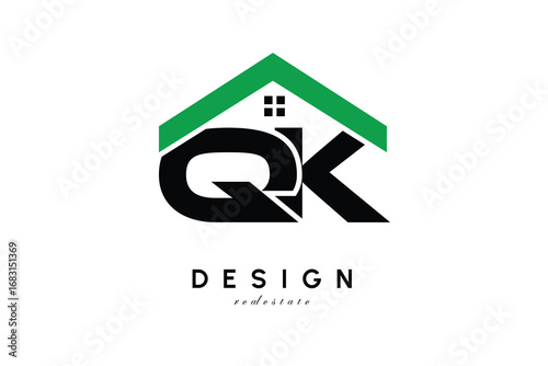 QK Letter Logo – Green Roof House Monogram for Real Estate & Home Branding