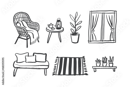 A Cozy Illustration of Living Room Decor Featuring a Relaxing Chair, Coffee Table, Indoor Plants, and Decorative Rugs for Home Aesthetics