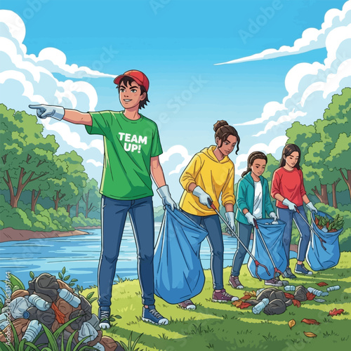 Group of young volunteers cleaning up trash in a park near a river.