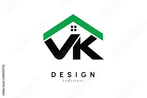 VK Letter Logo – Green Roof House Monogram for Real Estate & Home Branding