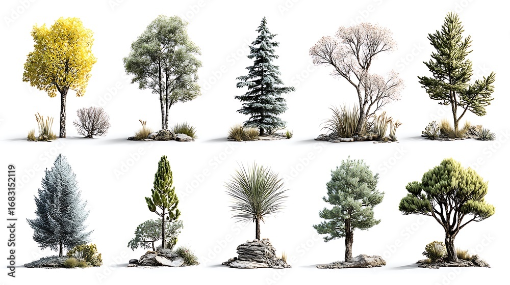 Fototapeta premium Depictions of diverse trees, foliage, grass types, and botanical elements showcased against a pristine white backdrop.