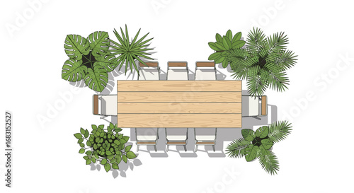Aerial view of wooden conference table surrounded by verdant vegetation
