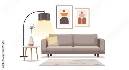 Bohemian-inspired living room scene with neutral tones and geometric art