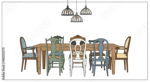 Artistic depiction of a rustic dining room with various chair designs
