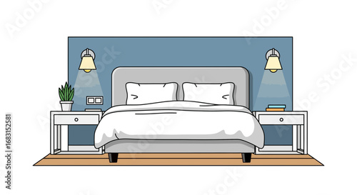 Bedroom Interior Design Illustration with Bed, Nightstands and Lamps