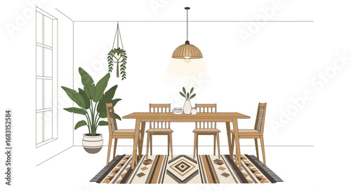 Bohemian Dining Room Illustration with Warm Lighting and Natural Elements