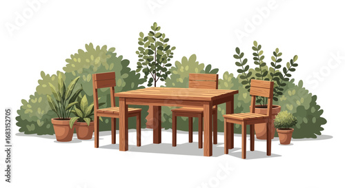 Charming garden dining spot with wooden furniture and lush greenery