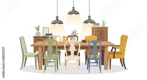 Charming dining space showcasing rustic wooden table with varied chairs