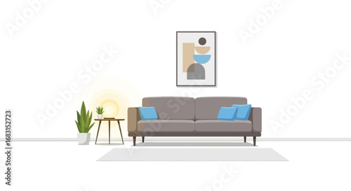 Charming lounge setting featuring modern sofa, artwork, and lush plants