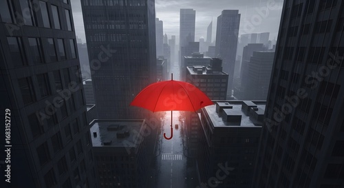 Red umbrella floats over rainy city street