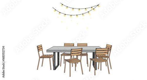 Charming outdoor dining scene with string lights creating inviting ambiance