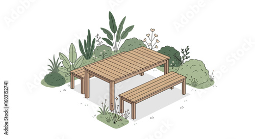 Charming picnic table surrounded by green plants and grass in a garden