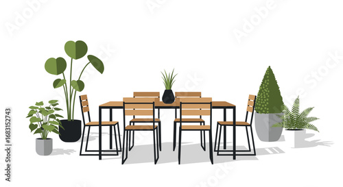 Charming outdoor dining setup with stylish furniture and lush greenery arrangement