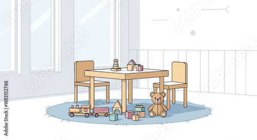 Charming playroom illustration featuring toys on a circular rug design