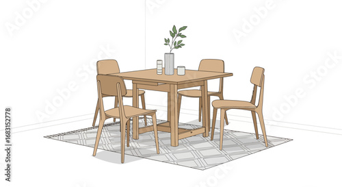 Clean and minimalist dining space with wooden table and four chairs