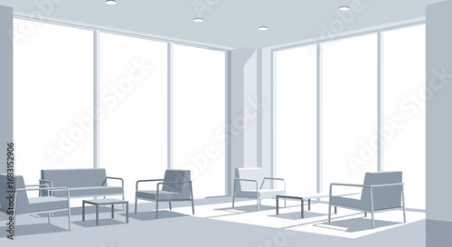 Contemporary interior design with minimalist furniture and large windows