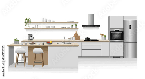 Contemporary kitchen design with island, appliances, and plant decorations
