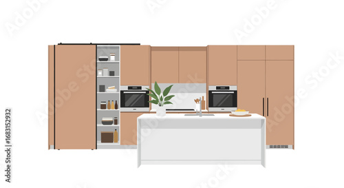 Contemporary kitchen interior illustration with island and storage units