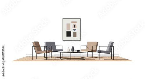 Contemporary living room interior with modern chairs and minimalist art