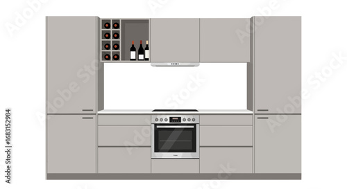 Contemporary kitchen module illustration featuring elegant gray cabinetry
