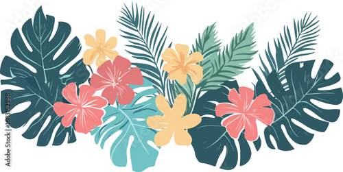 Vibrant tropical floral arrangement with lush green monstera leaves and colorful hibiscus flowers