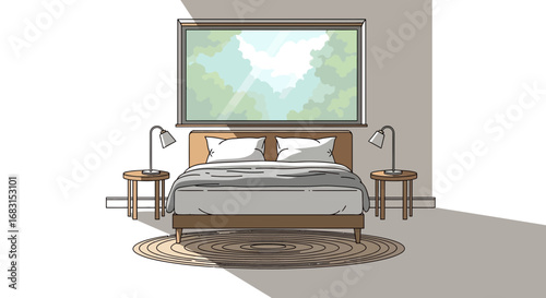 Cozy bedroom illustration with natural light streaming through window
