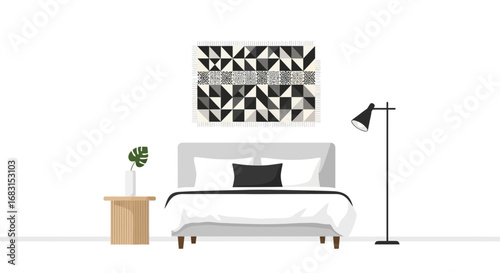 Cozy bedroom illustration with minimalist decor and modern design elements