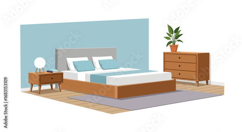 Cozy bedroom interior illustration showcasing a bed, nightstand and dresser
