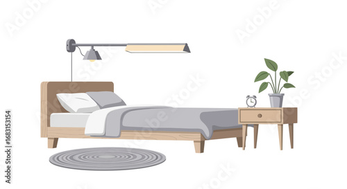 Cozy bedroom scene with modern furniture and warm lighting illustration