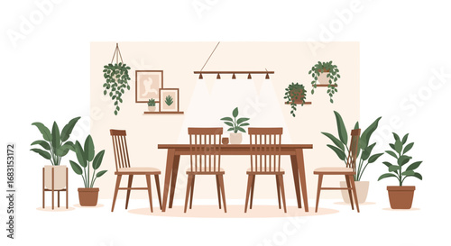 Cozy dining room interior with wooden furniture and potted plants decor