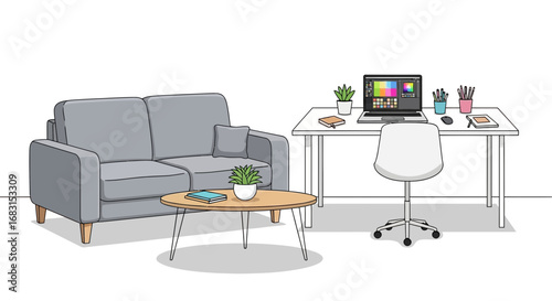 Cozy Workspace Illustration with Sofa and Desk for Relaxed Productivity