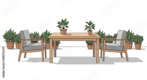 Cozy outdoor seating area with a wooden table and armchairs surrounded by plants